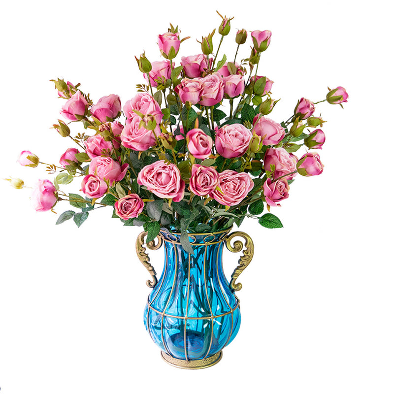 Blue Colored Glass Flower Vase with 10 Bunch 6 Heads Artificial Fake Silk Rose Home Decor Set