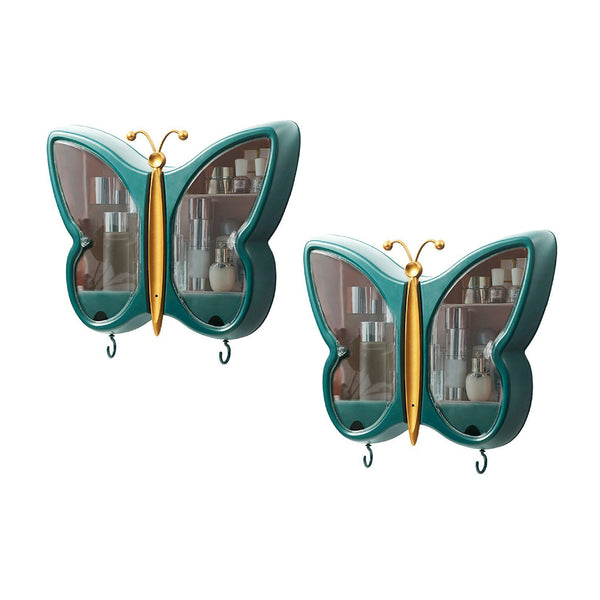 2X Green Butterfly Shape Wall-Mounted Makeup Organiser Dustproof Waterproof Bathroom Storage Box Home Decor