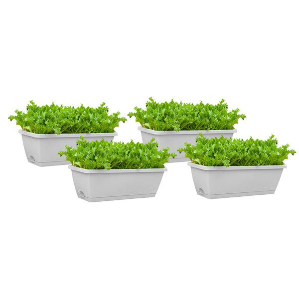49.5cm White Rectangular Planter Vegetable Herb Flower Outdoor Plastic Box with Holder Balcony Garden Decor Set of 4