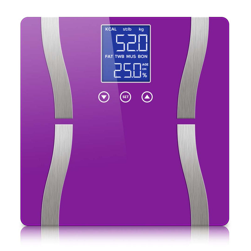 Glass LCD Digital Body Fat Scale Bathroom Electronic Gym Water Weighing Scales Purple