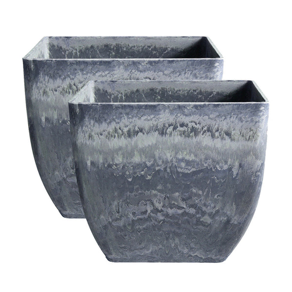 2X 27cm Weathered Grey Square Resin Plant Flower Pot in Cement Pattern Planter Cachepot for Indoor Home Office