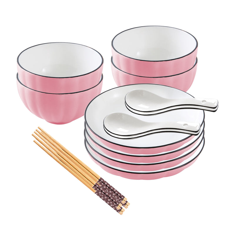 Pink Japanese Style Ceramic Dinnerware Crockery Soup Bowl Plate Server Kitchen Home Decor Set of 8