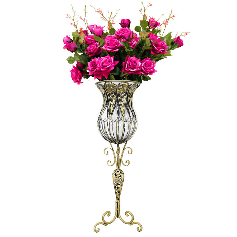 85cm Clear Glass Tall Floor Vase with 12pcs Artificial Fake Flower Set