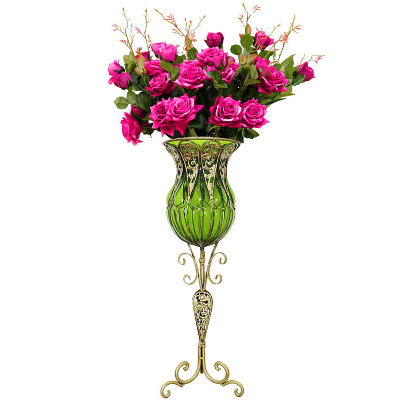 85cm Green Glass Tall Floor Vase and 12pcs Dark Pink Artificial Fake Flower Set