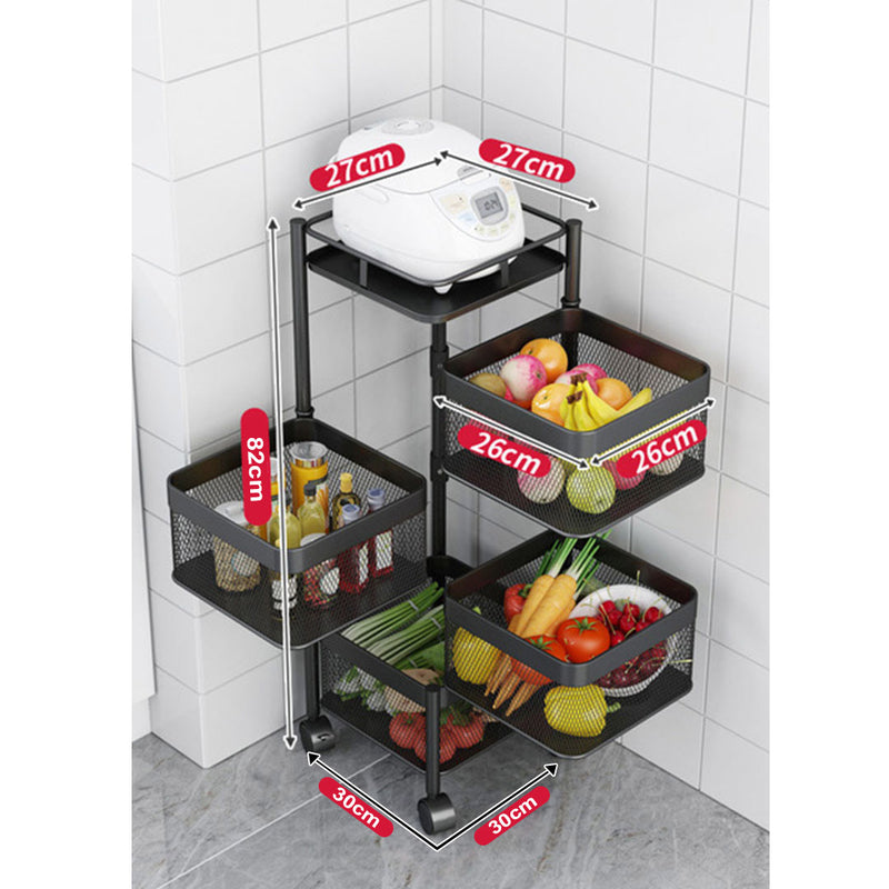 4 Tier Steel Square Rotating Kitchen Cart Multi-Functional Shelves Portable Storage Organizer with Wheels