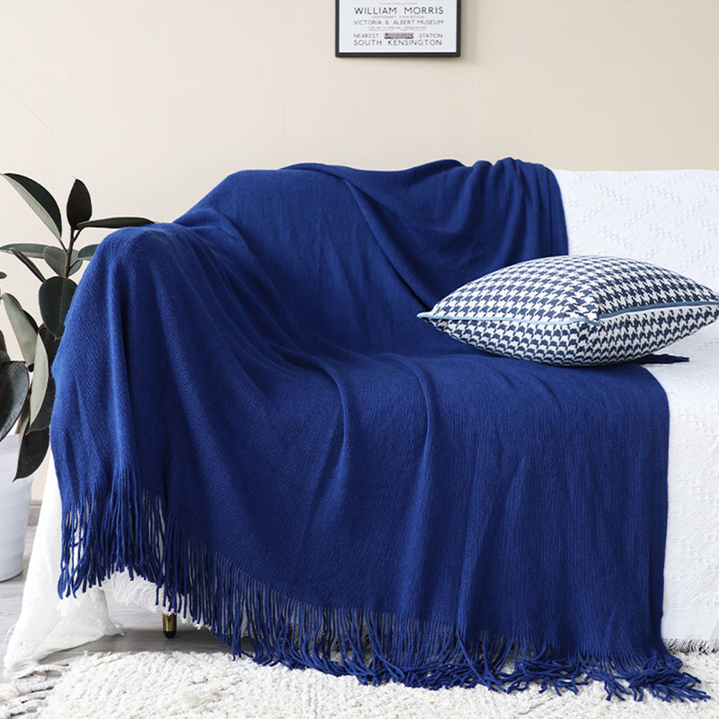 Royal Blue Acrylic Knitted Throw Blanket Solid Fringed Warm Cozy Woven Cover Couch Bed Sofa Home Decor