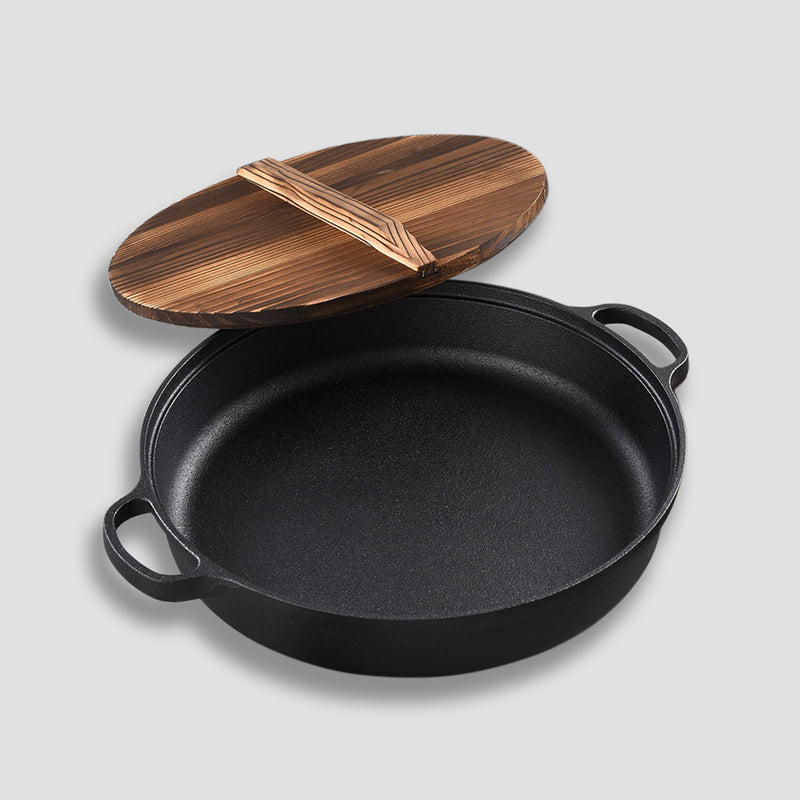 2X 29cm Round Cast Iron Pre-seasoned Deep Baking Pizza Frying Pan Skillet with Wooden Lid