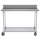 120cm Commercial Catering Kitchen Stainless Steel Prep Work Bench Table with Backsplash and Caster Wheels