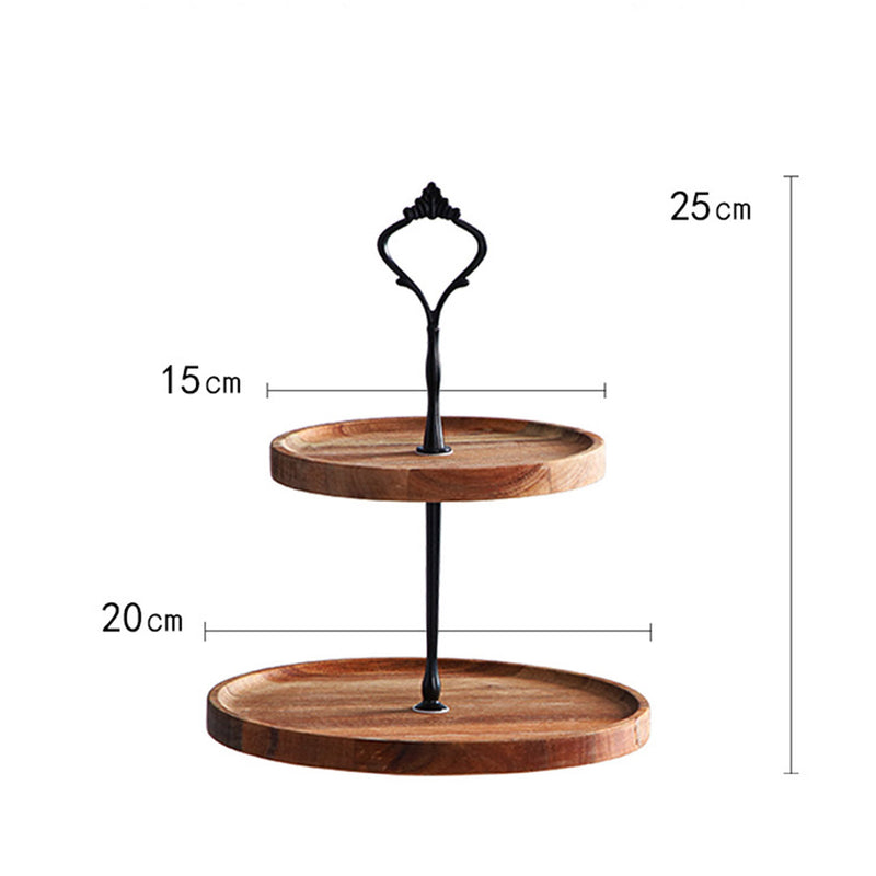 2X 15cm 2 Tier  Brown Round Wooden Acacia Dessert Tray Cake Snacks Cupcake Stand Buffet Serving Countertop Decor