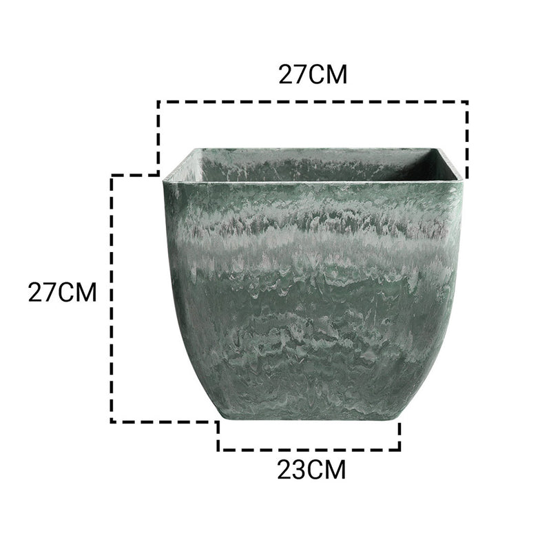 2X 27cm Green Grey Square Resin Plant Flower Pot in Cement Pattern Planter Cachepot for Indoor Home Office