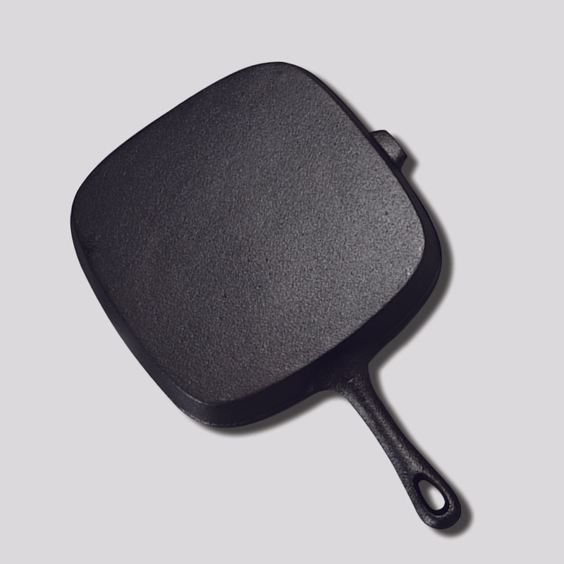 23.5cm Square Ribbed Cast Iron Frying Pan Skillet Steak Sizzle Platter with Handle