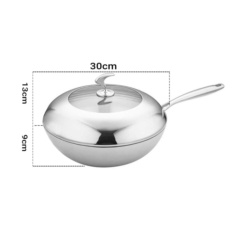 2X 18/10 Stainless Steel Fry Pan 30cm Frying Pan Top Grade Cooking Non Stick Interior Skillet with Lid