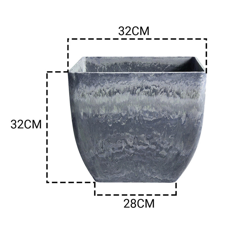 32cm Weathered Grey Square Resin Plant Flower Pot in Cement Pattern Planter Cachepot for Indoor Home Office