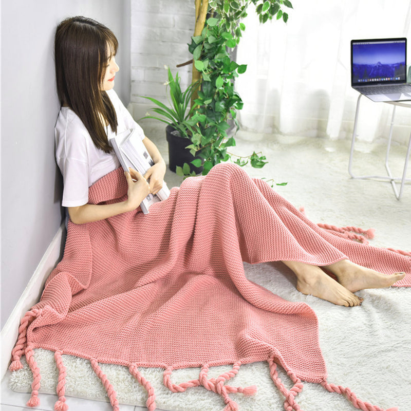 2X Pink Tassel Fringe Knitting Blanket Warm Cozy Woven Cover Couch Bed Sofa Home Decor