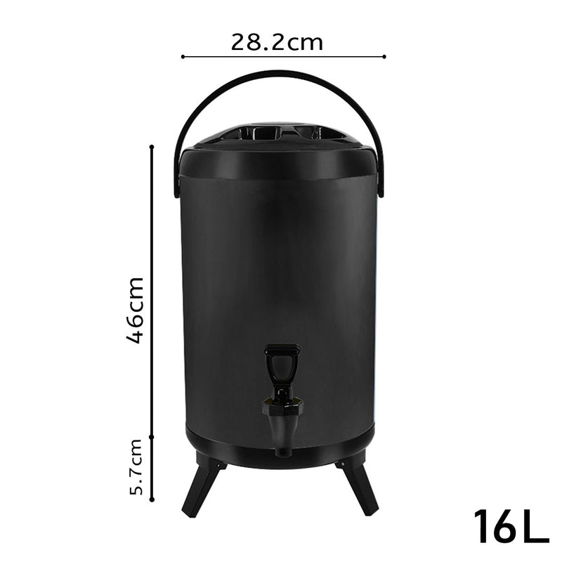 16L Stainless Steel Insulated Milk Tea Barrel Hot and Cold Beverage Dispenser Container with Faucet Black