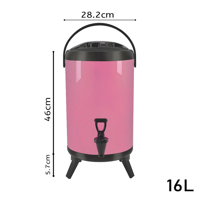 16L Stainless Steel Insulated Milk Tea Barrel Hot and Cold Beverage Dispenser Container with Faucet Pink