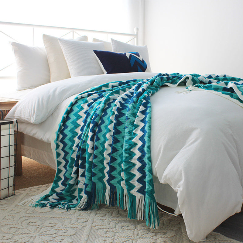 2X 220cm Blue Zigzag Striped Throw Blanket Acrylic Wave Knitted Fringed Woven Cover Couch Bed Sofa Home Decor