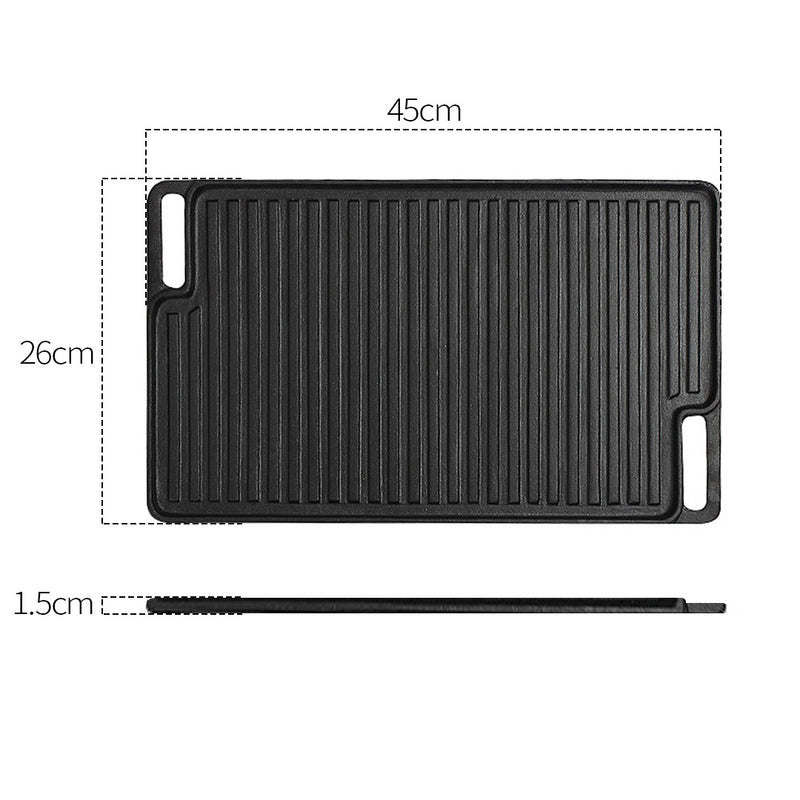 2X 45cm Rectangular Cast Iron Portable Fry BBQ Grill Plate Cooking Pan Tray with Handle