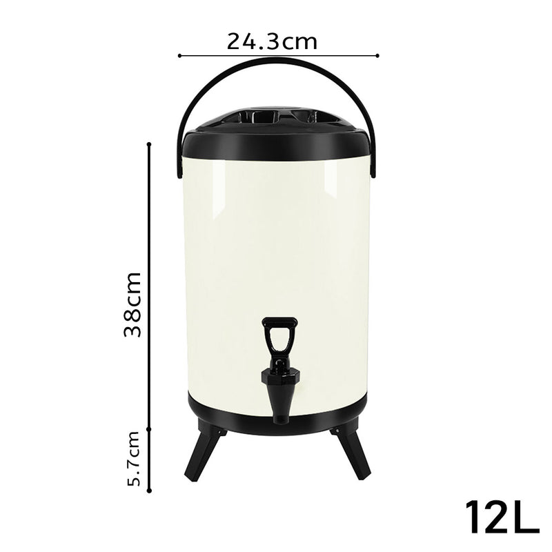 12L Stainless Steel Insulated Milk Tea Barrel Hot and Cold Beverage Dispenser Container with Faucet White