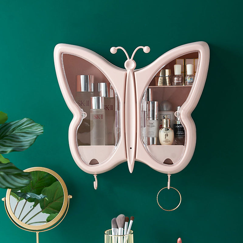 Pink Butterfly Shape Wall-Mounted Makeup Organiser Dustproof Waterproof Bathroom Storage Box Home Decor