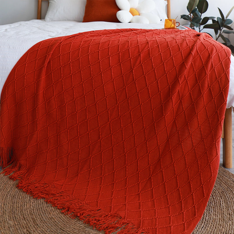 Red Diamond Pattern Knitted Throw Blanket Warm Cozy Woven Cover Couch Bed Sofa Home Decor with Tassels