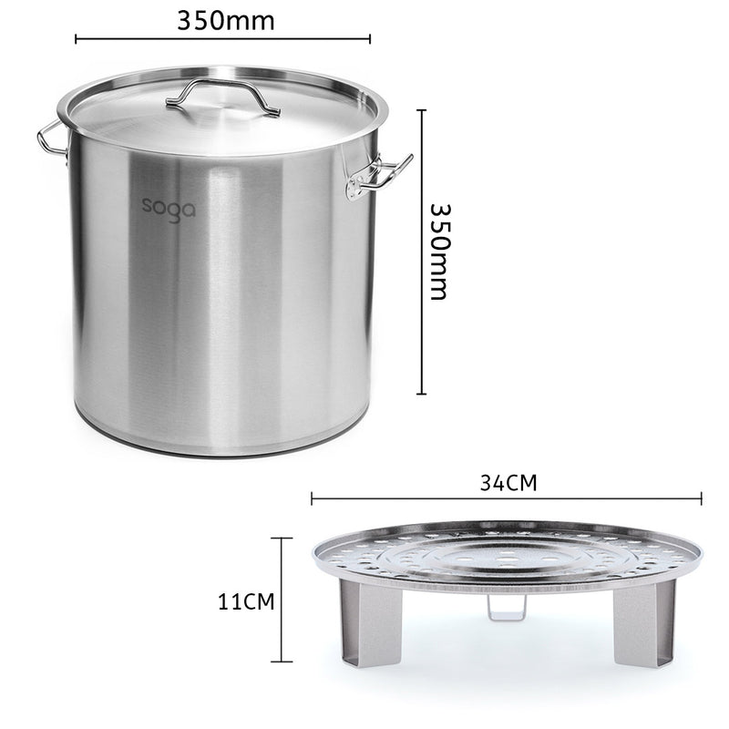 33L Stainless Steel Stock Pot with Two Steamer Rack Insert Stockpot Tray