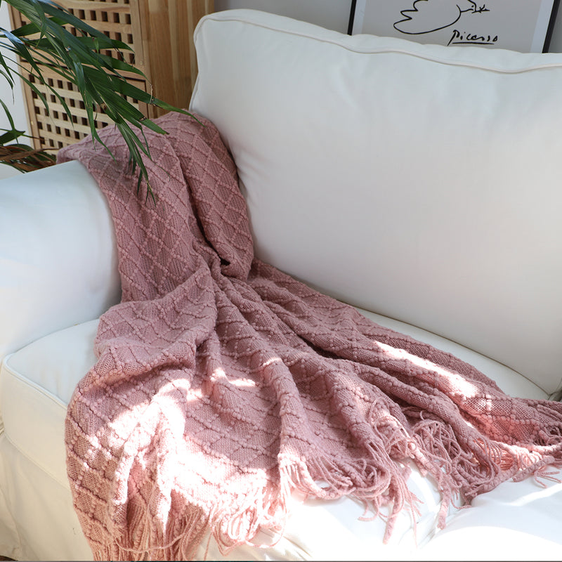 2X  Pink Diamond Pattern Knitted Throw Blanket Warm Cozy Woven Cover Couch Bed Sofa Home Decor with Tassels