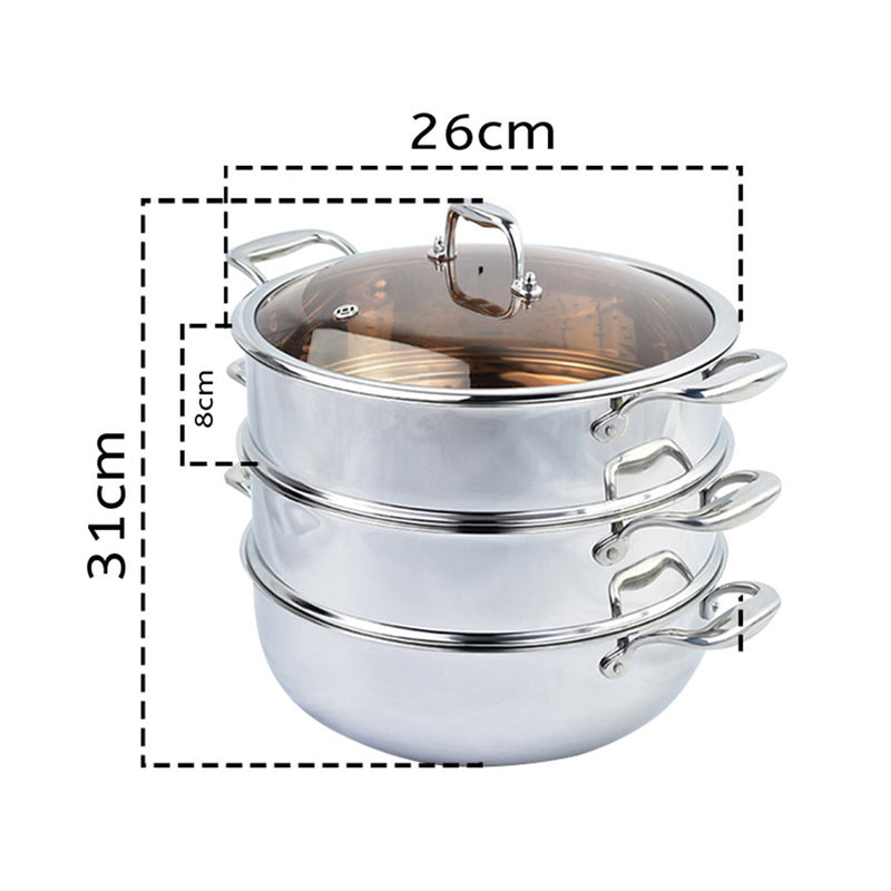 2X 3 Tier 26cm Heavy Duty Stainless Steel Food Steamer Vegetable Pot Stackable Pan Insert with Glass Lid