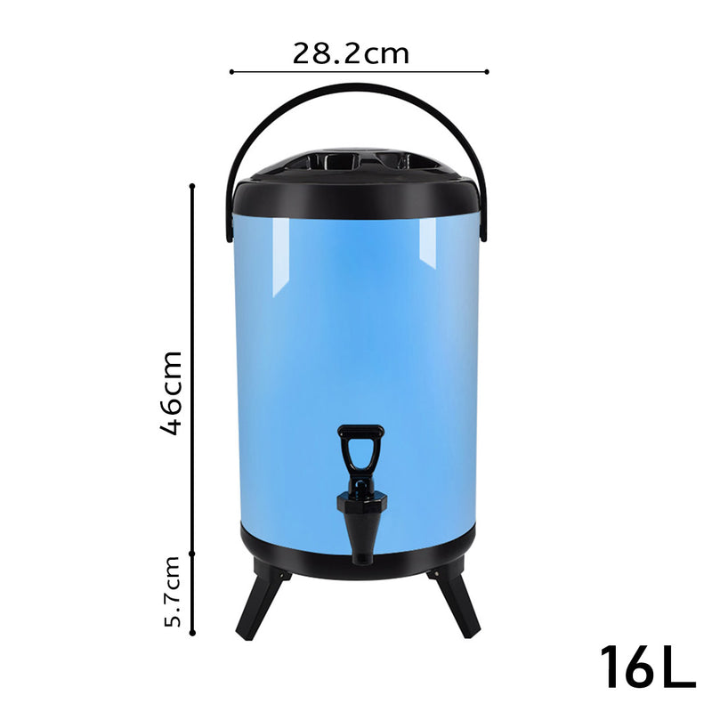 16L Stainless Steel Insulated Milk Tea Barrel Hot and Cold Beverage Dispenser Container with Faucet Blue