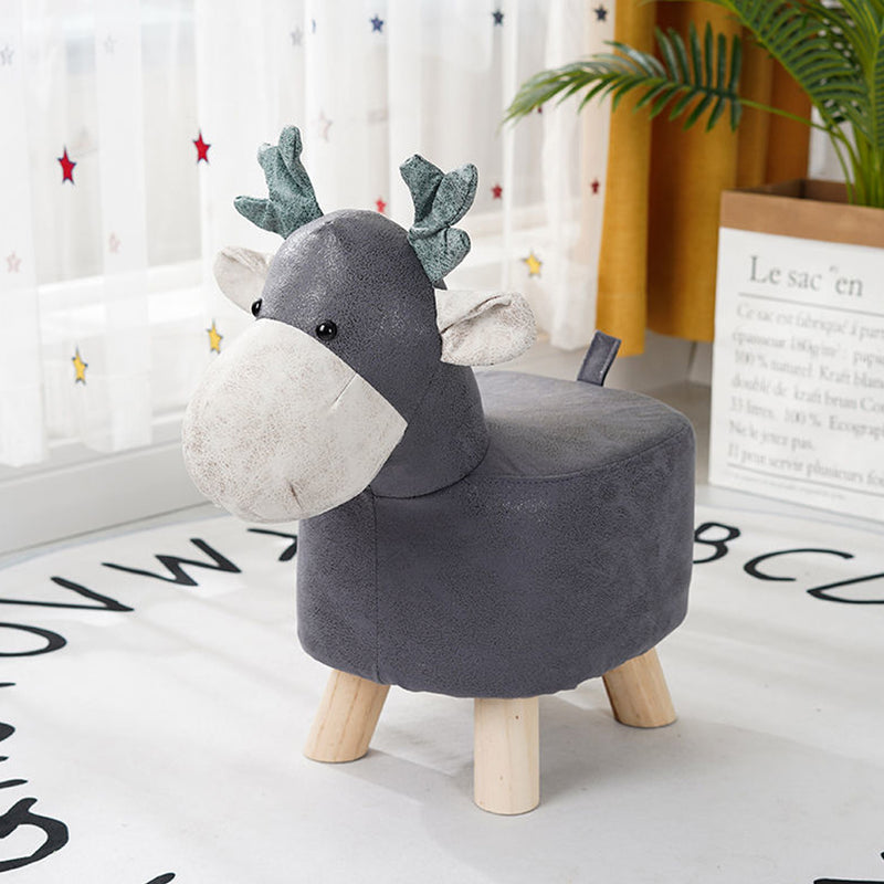 Grey Children Bench Deer Character Round Ottoman Stool Soft Small Comfy Seat Home Decor