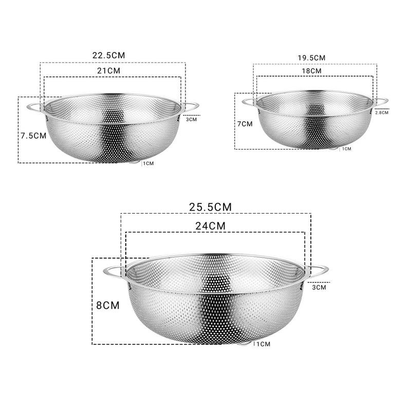 Stainless Steel Perforated Metal Colander Set Food Strainer Basket Mesh Net Bowl with 2 Handle