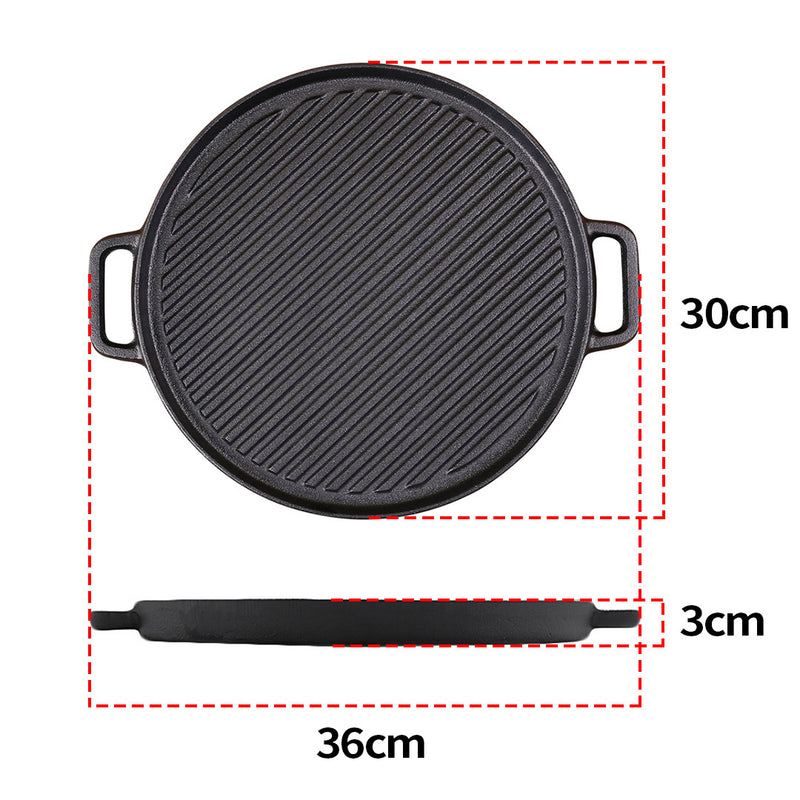 2X 30cm Round Cast Iron Ribbed BBQ Pan Skillet Steak Sizzle Platter with Handle