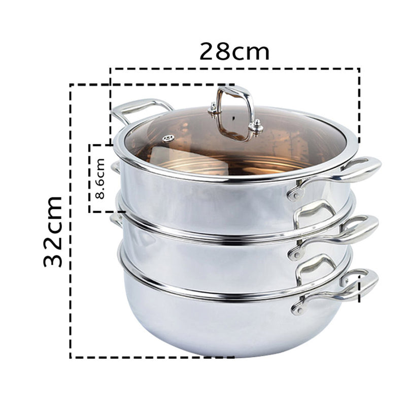 2X 3 Tier 28cm Heavy Duty Stainless Steel Food Steamer Vegetable Pot Stackable Pan Insert with Glass Lid