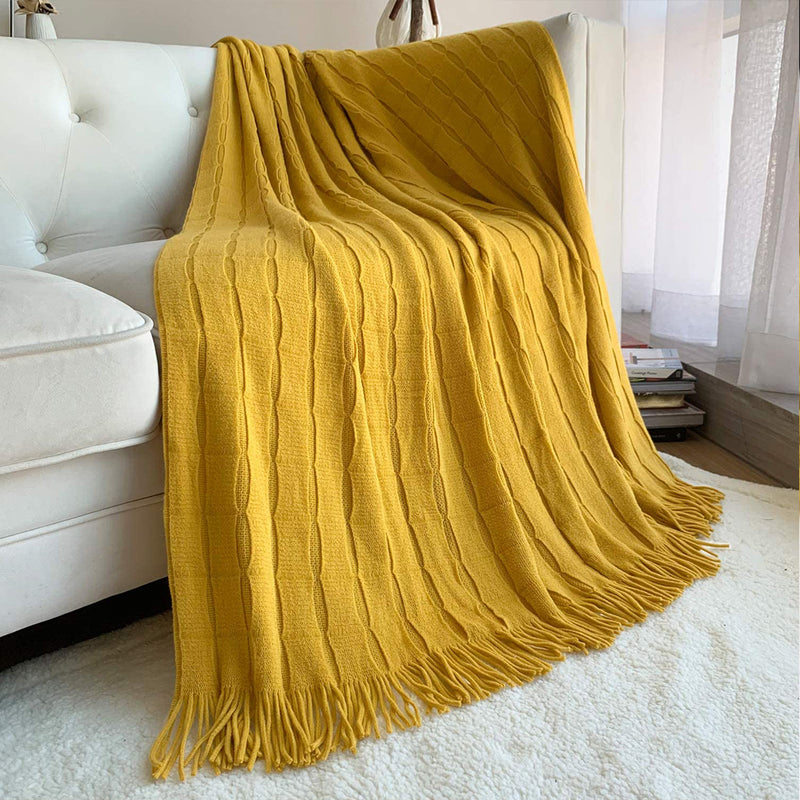 2X Mustard Textured Knitted Throw Blanket Warm Cozy Woven Cover Couch Bed Sofa Home Decor with Tassels