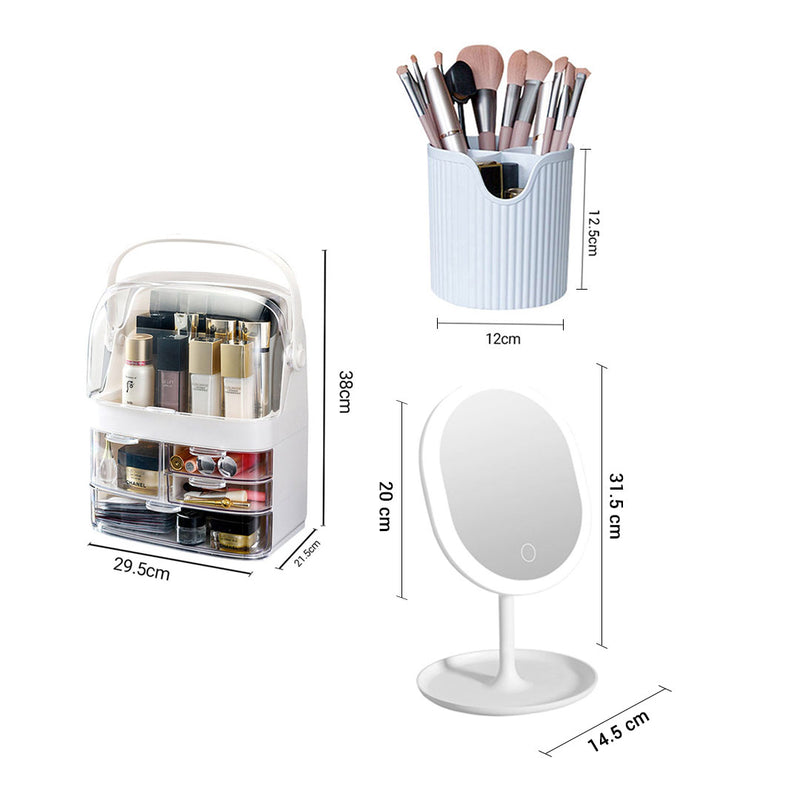 3 Tier White Countertop Cosmetic Makeup Brush Lipstick Holder Organiser and 20cm Rechargeable LED Light Tabletop Mirror Set