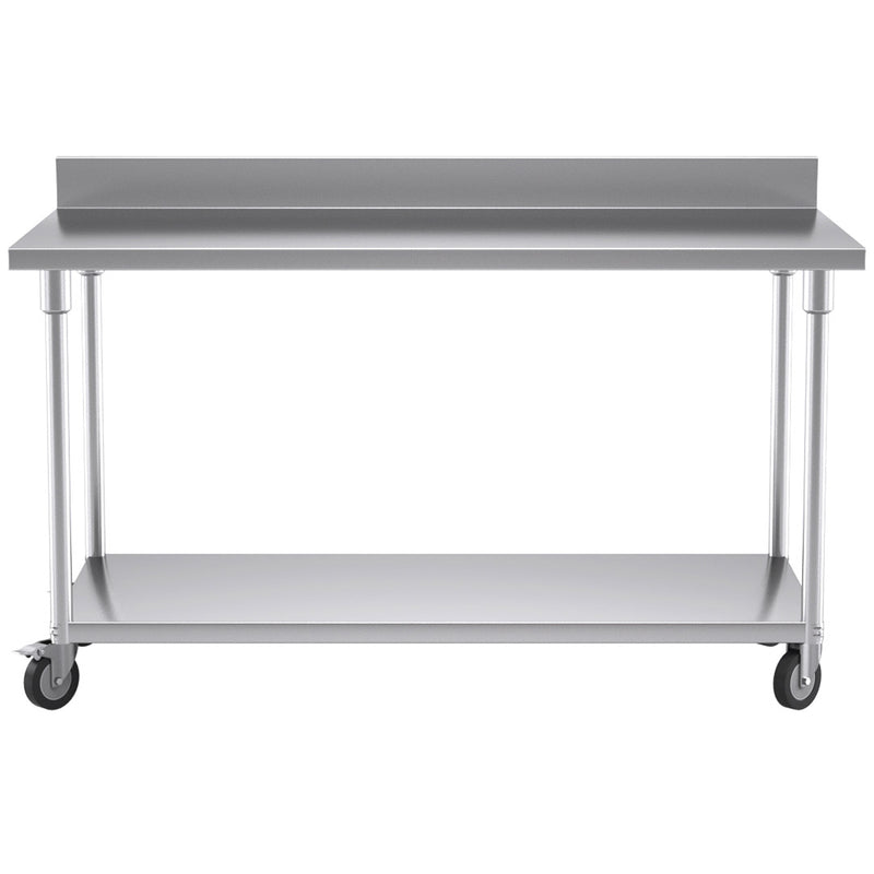 150cm Commercial Catering Kitchen Stainless Steel Prep Work Bench Table with Backsplash and Caster Wheels