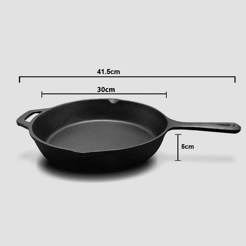 2X 30cm Round Cast Iron Frying Pan Skillet Steak Sizzle Platter with Helper Handle