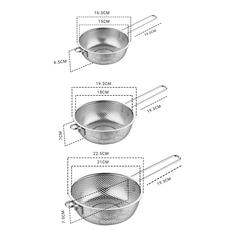 Stainless Steel Perforated Colander Fine Mesh Net Food Strainer Basket with Handle Skimmer Sieve Set