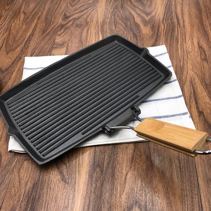 2X 20.5cm Rectangular Cast Iron Griddle Grill Frying Pan with Folding Wooden Handle