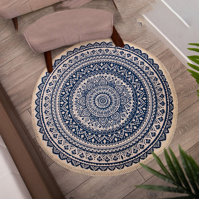 Dark Blue Carpet Soft Linen Bohemian Non-Slip Floor Retro Minimalist Round Rug Home Decor with Tassels