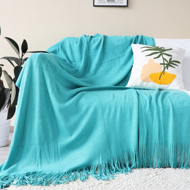 Teal Acrylic Knitted Throw Blanket Solid Fringed Warm Cozy Woven Cover Couch Bed Sofa Home Decor