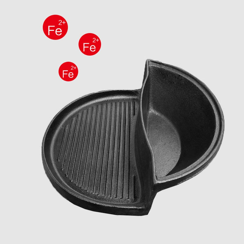 2 in 1 Cast Iron Ribbed Fry Pan Skillet Griddle BBQ and Steamboat Hot Pot