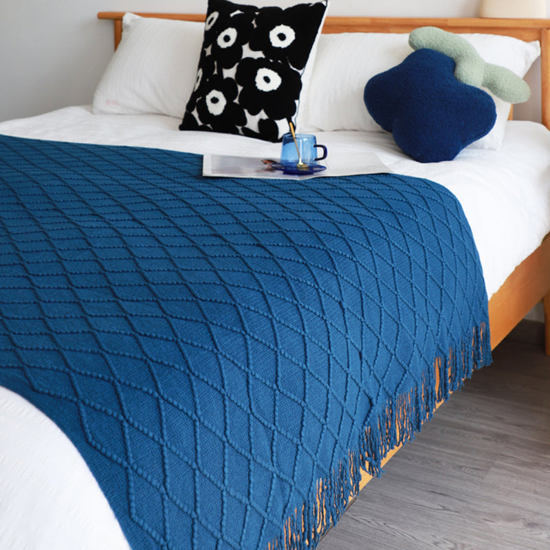 Royal Blue Diamond Pattern Knitted Throw Blanket Warm Cozy Woven Cover Couch Bed Sofa Home Decor with Tassels