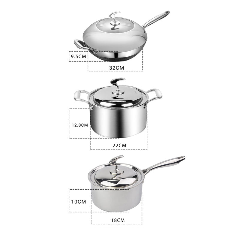 6 Piece Cookware Set 18/10 Stainless Steel 3-Ply Frying Pan, Milk, and Soup Pot with Lid