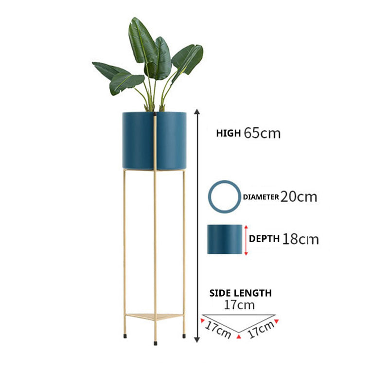 2 Layer 65cm Gold Metal Plant Stand with Blue Flower Pot Holder Corner Shelving Rack Indoor Display