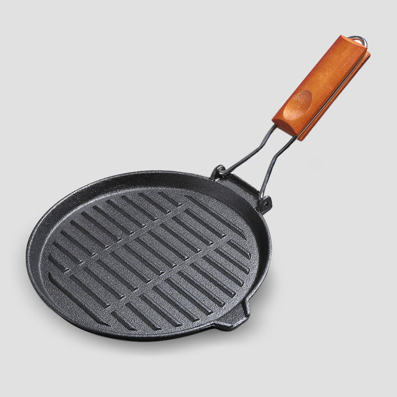 24cm Round Ribbed Cast Iron Steak Frying Grill Skillet Pan with Folding Wooden Handle