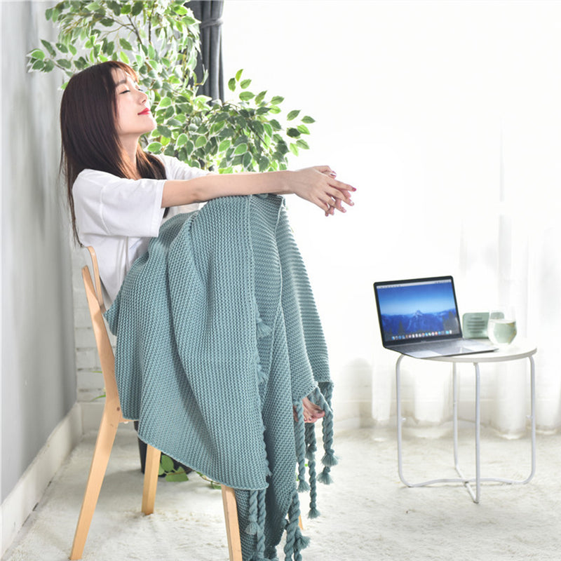 Green Tassel Fringe Knitting Blanket Warm Cozy Woven Cover Couch Bed Sofa Home Decor