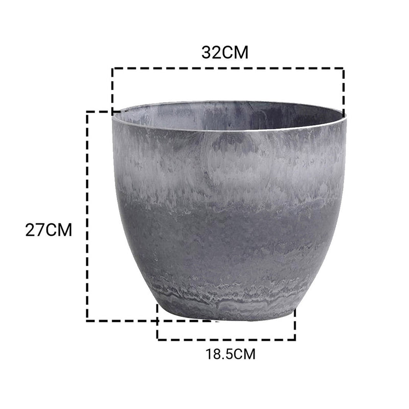27cm Weathered Grey Round Resin Plant Flower Pot in Cement Pattern Planter Cachepot for Indoor Home Office