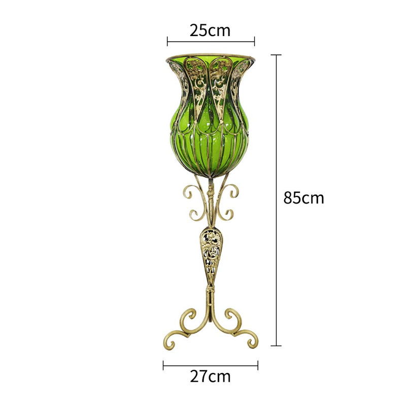 85cm Green Glass Floor Vase with Tall Metal Flower Stand