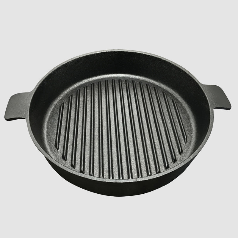 26cm Round Ribbed Cast Iron Frying Pan Skillet Steak Sizzle Platter with Handle